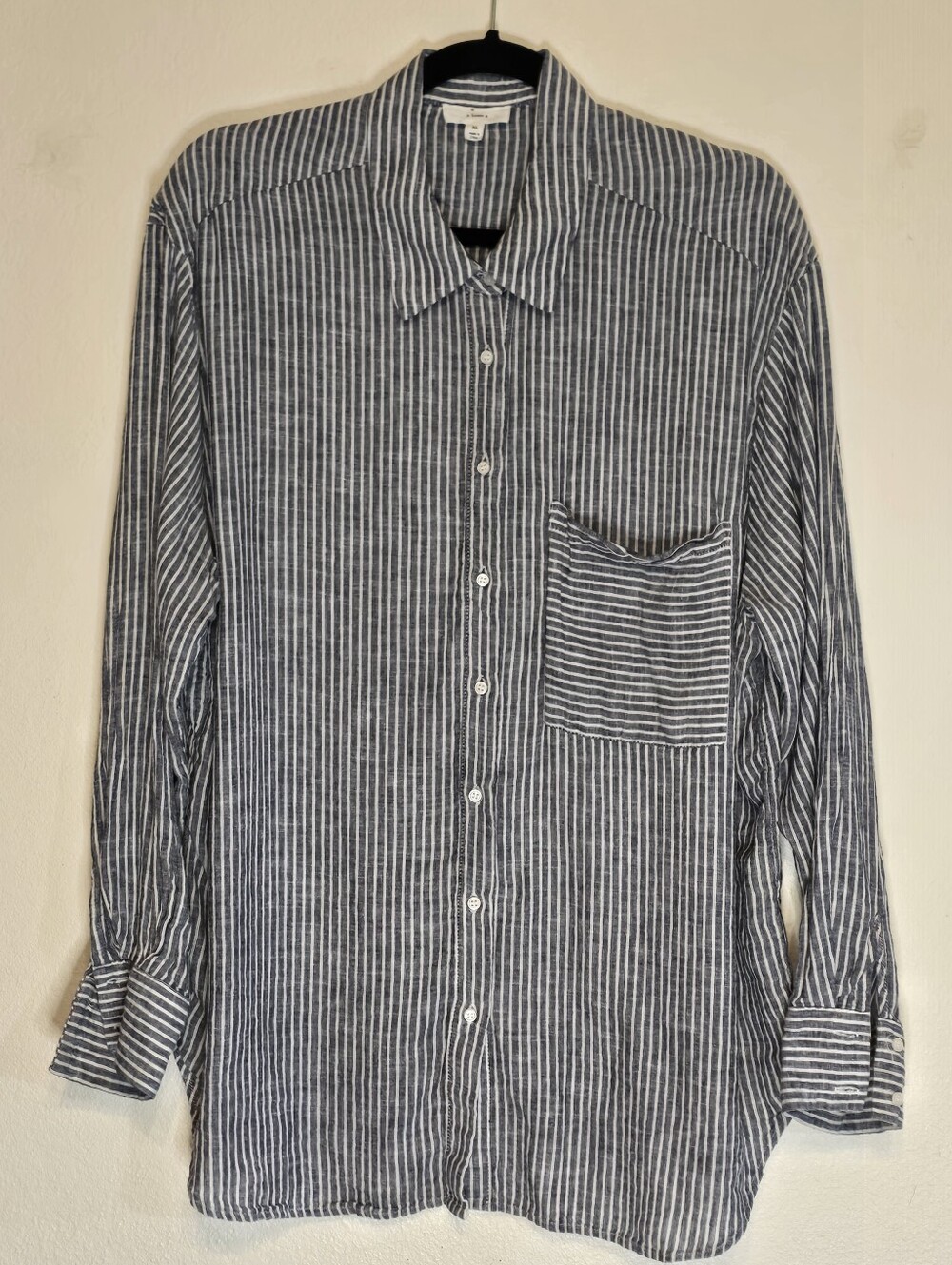 A Loves A Linen Rayon Striped Button Down Shirt XL Blue White Chevron Back Yoke